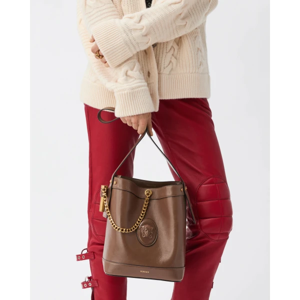 Versace Pivot Small Leather Bucket Bag in Brown, Ref. 1A19197, view 2 | Bucket Bags