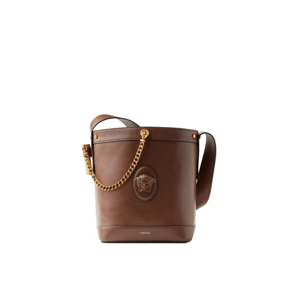 Versace Pivot Small Leather Bucket Bag in Brown, Ref. 1A19197 | Bucket Bags | Coveti
