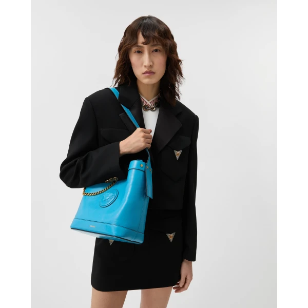 Versace Pivot Small Leather Bucket Bag in Light Blue, view 2 | Bucket Bags