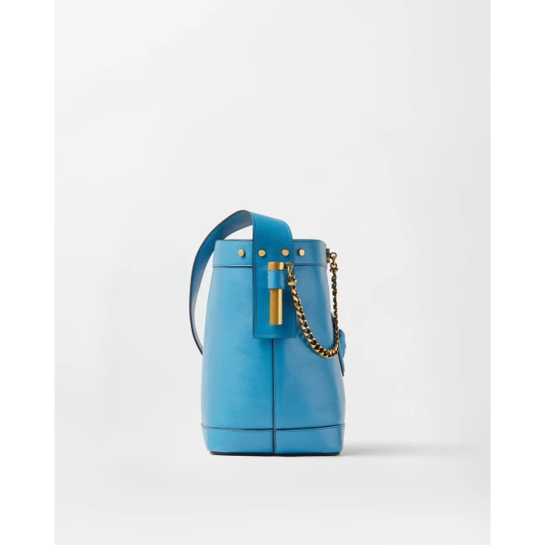 Versace Pivot Small Leather Bucket Bag in Light Blue, view 3 | Bucket Bags