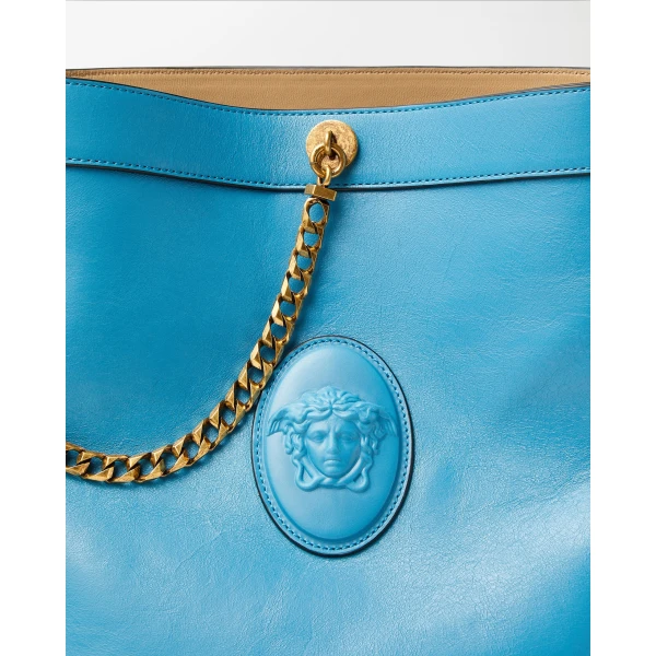 Versace Pivot Small Leather Bucket Bag in Light Blue, view 4 | Bucket Bags