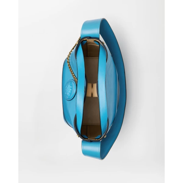 Versace Pivot Small Leather Bucket Bag in Light Blue, view 5 | Bucket Bags
