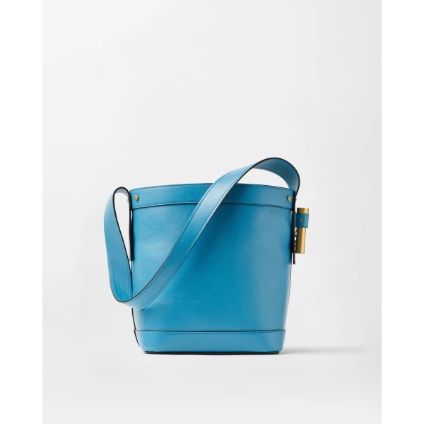 Versace Pivot Small Leather Bucket Bag in Light Blue, view 6 | Bucket Bags