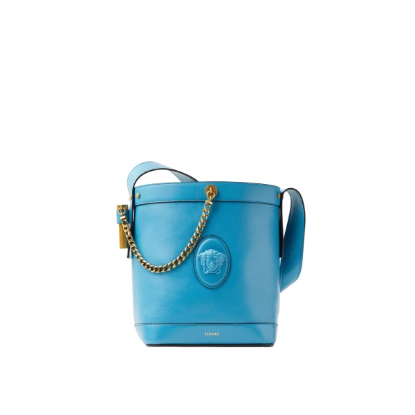 Pivot Small Leather Bucket Bag in Light Blue