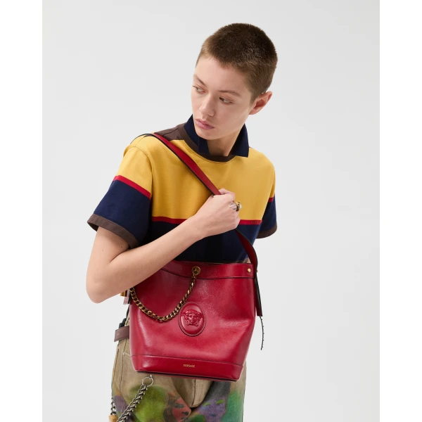Versace Pivot Small Leather Bucket Bag in Red, Ref. 1A17453, view 2 | Bucket Bags