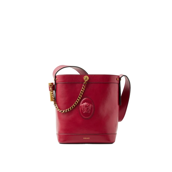 Versace Pivot Small Leather Bucket Bag in Red, Ref. 1A17453 | Bucket Bags | Coveti