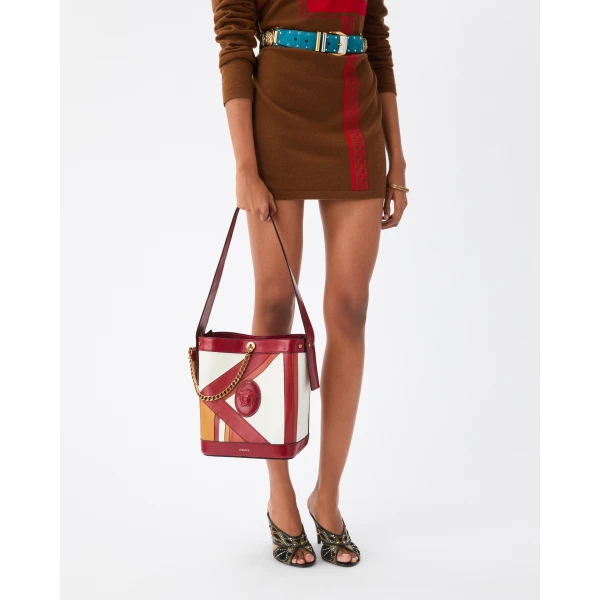 Versace Pivot Small Leather Patchwork Bucket Bag in Red and White, view 2 | Bucket Bags