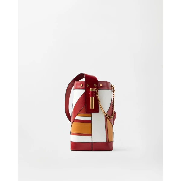 Versace Pivot Small Leather Patchwork Bucket Bag in Red and White, view 3 | Bucket Bags