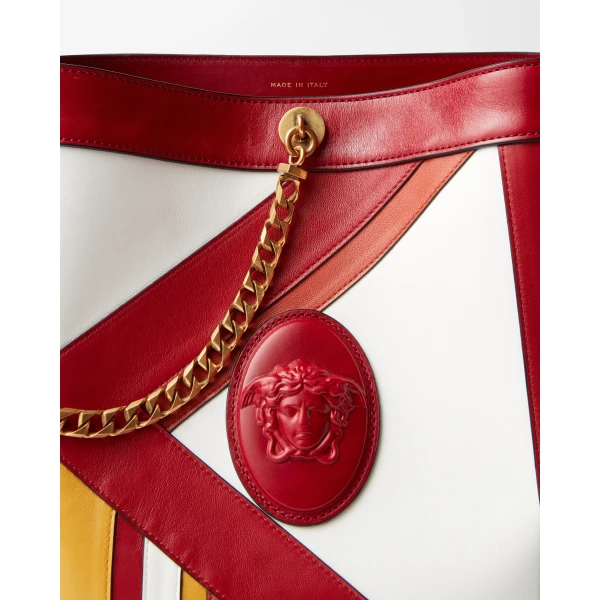 Versace Pivot Small Leather Patchwork Bucket Bag in Red and White, view 4 | Bucket Bags