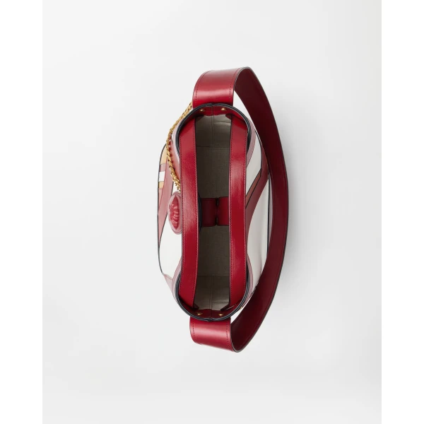 Versace Pivot Small Leather Patchwork Bucket Bag in Red and White, view 5 | Bucket Bags