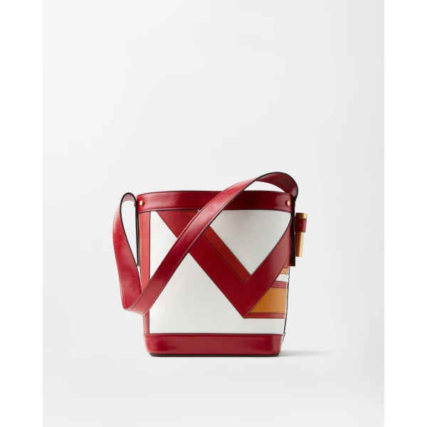 Versace Pivot Small Leather Patchwork Bucket Bag in Red and White, view 6 | Bucket Bags