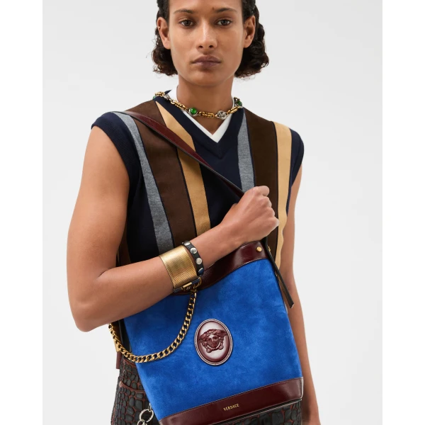 Versace Pivot Small Suede Bucket Bag in Blue and Brown, view 2 | Bucket Bags