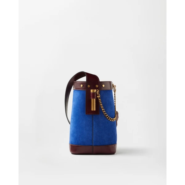 Versace Pivot Small Suede Bucket Bag in Blue and Brown, view 3 | Bucket Bags