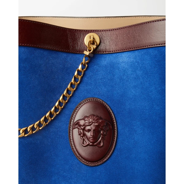 Versace Pivot Small Suede Bucket Bag in Blue and Brown, view 4 | Bucket Bags