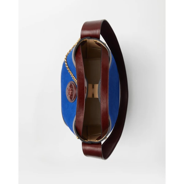 Versace Pivot Small Suede Bucket Bag in Blue and Brown, view 5 | Bucket Bags