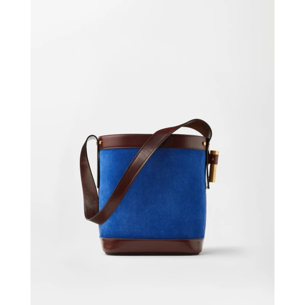 Versace Pivot Small Suede Bucket Bag in Blue and Brown, view 6 | Bucket Bags