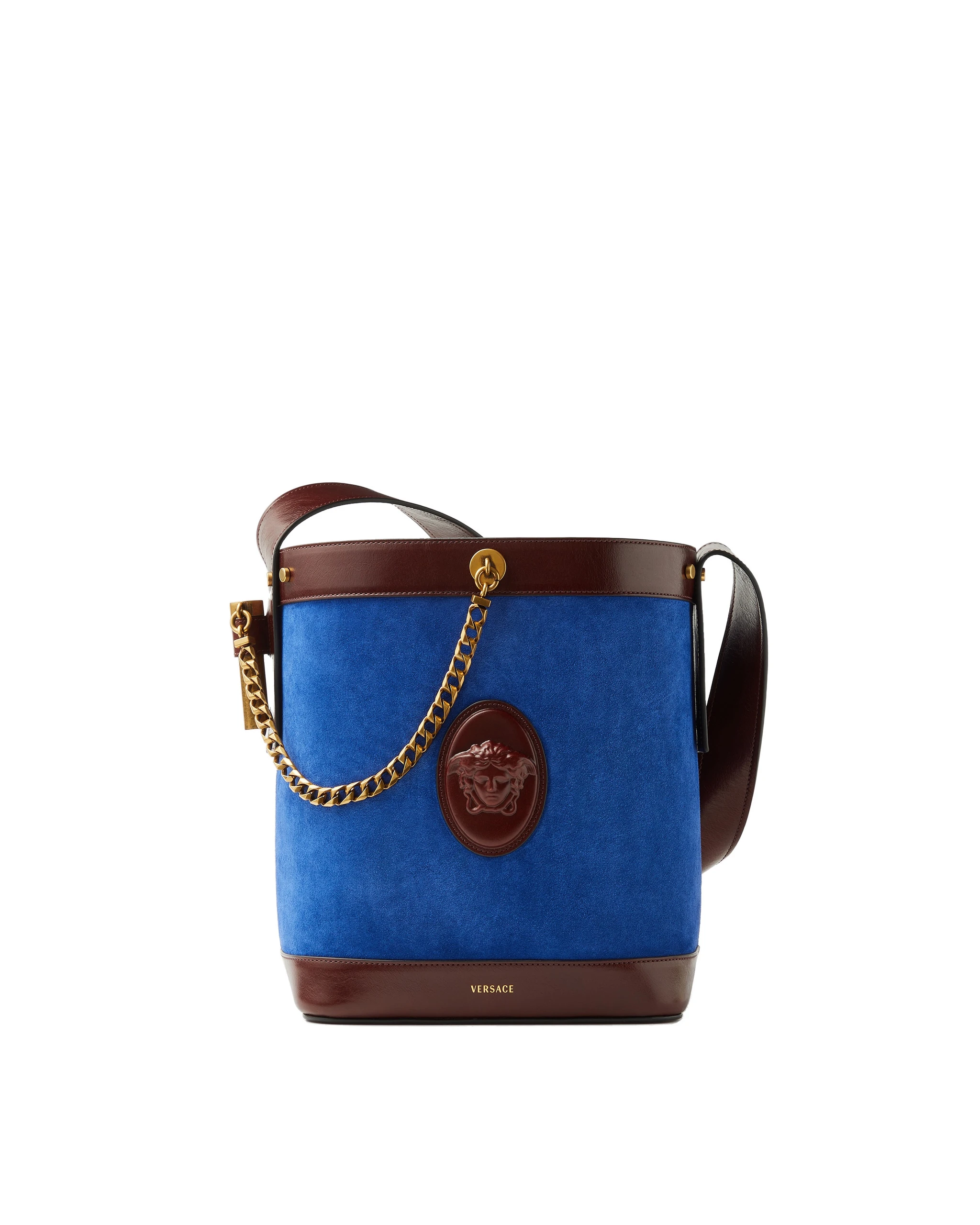 Versace Pivot Small Suede Bucket Bag in Blue and Brown Versace Pivot Small Suede Bucket Bag in Blue and Brown | Bucket Bags | Coveti
