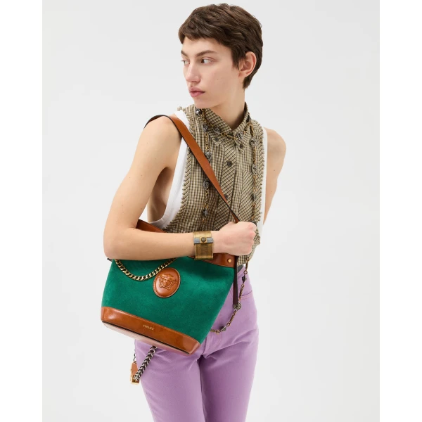 Versace Pivot Small Suede Bucket Bag in Green Water, view 2 | Bucket Bags
