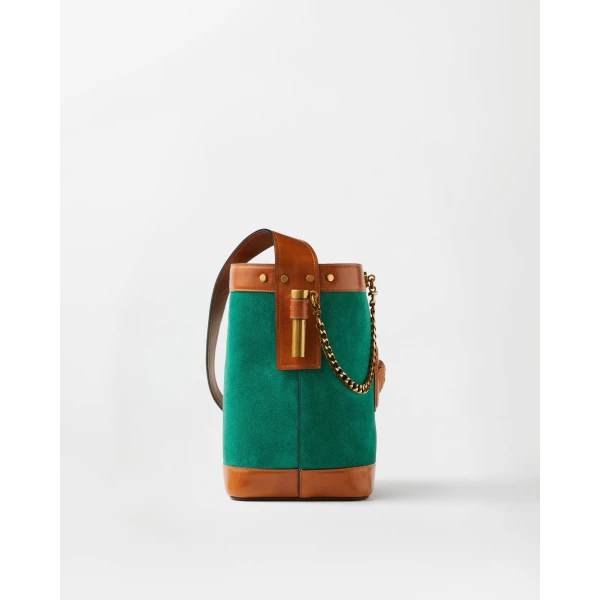 Versace Pivot Small Suede Bucket Bag in Green Water, view 3 | Bucket Bags