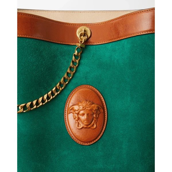 Versace Pivot Small Suede Bucket Bag in Green Water, view 4 | Bucket Bags