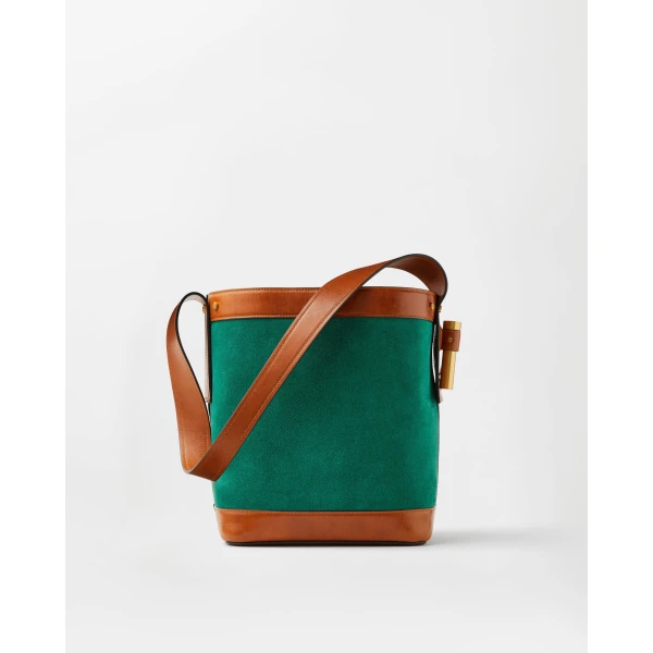 Versace Pivot Small Suede Bucket Bag in Green Water, view 6 | Bucket Bags
