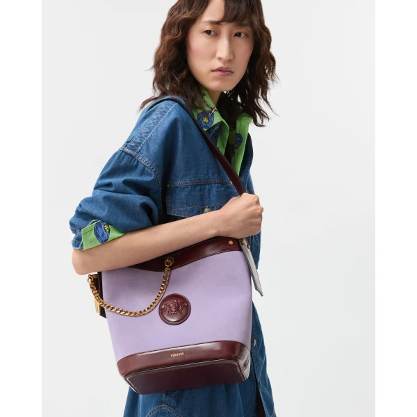 Versace Pivot Small Suede Bucket Bag in Lilac, view 2 | Bucket Bags