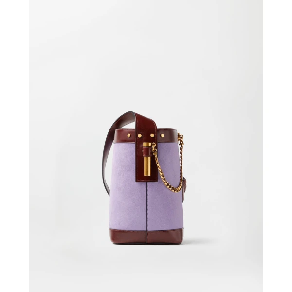 Versace Pivot Small Suede Bucket Bag in Lilac, view 3 | Bucket Bags