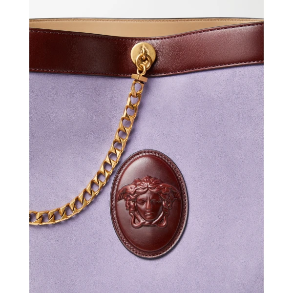 Versace Pivot Small Suede Bucket Bag in Lilac, view 4 | Bucket Bags