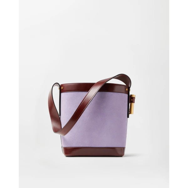 Versace Pivot Small Suede Bucket Bag in Lilac, view 6 | Bucket Bags