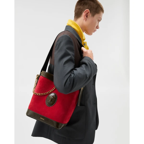 Versace Pivot Small Suede Bucket Bag in Red, view 2 | Bucket Bags