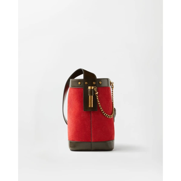 Versace Pivot Small Suede Bucket Bag in Red, view 3 | Bucket Bags