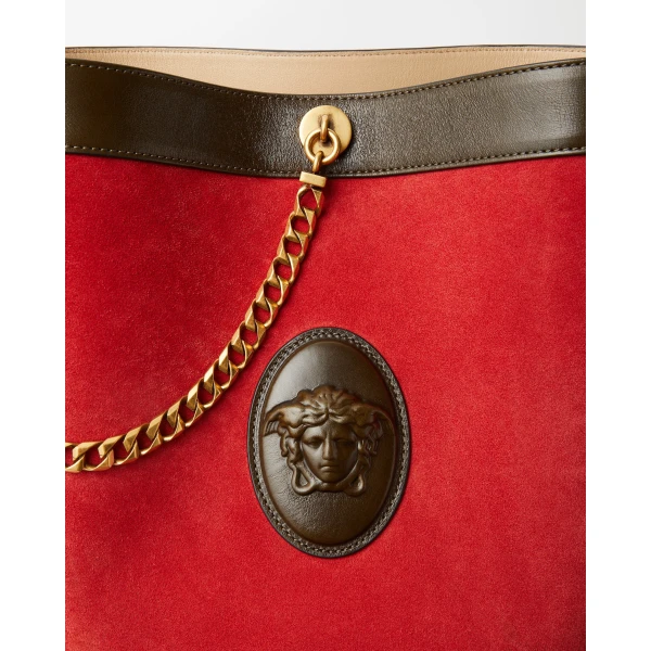 Versace Pivot Small Suede Bucket Bag in Red, view 4 | Bucket Bags