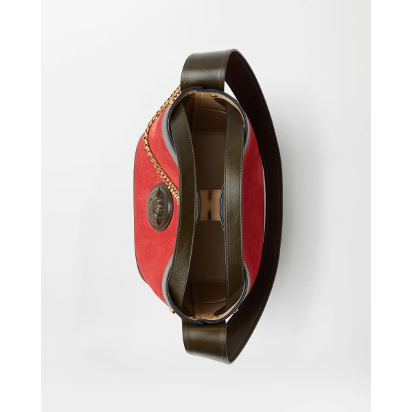 Versace Pivot Small Suede Bucket Bag in Red, view 5 | Bucket Bags