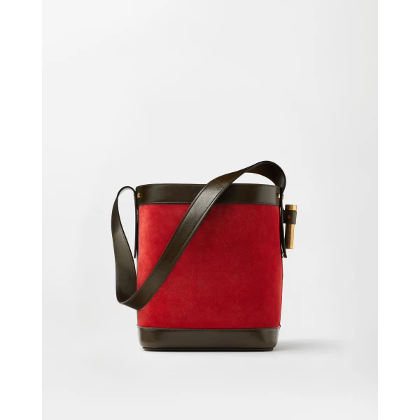 Versace Pivot Small Suede Bucket Bag in Red, view 6 | Bucket Bags