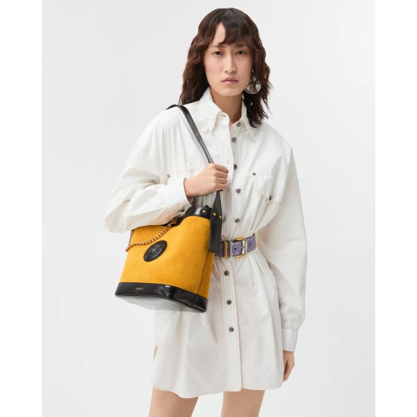 Versace Pivot Small Suede Bucket Bag in Yellow, view 2 | Bucket Bags