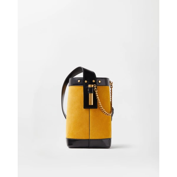 Versace Pivot Small Suede Bucket Bag in Yellow, view 3 | Bucket Bags