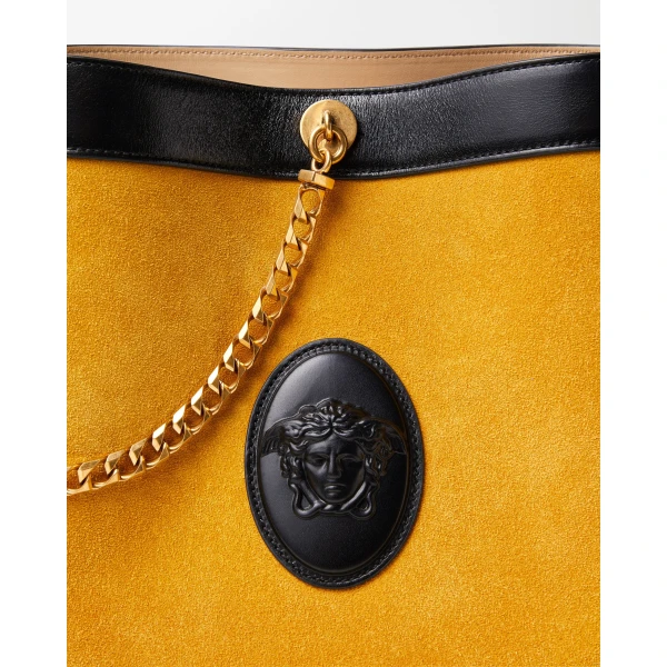 Versace Pivot Small Suede Bucket Bag in Yellow, view 4 | Bucket Bags