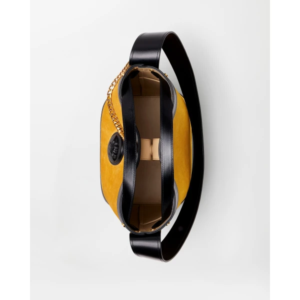 Versace Pivot Small Suede Bucket Bag in Yellow, view 5 | Bucket Bags