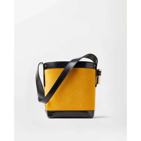 Versace Pivot Small Suede Bucket Bag in Yellow, view 6 | Bucket Bags