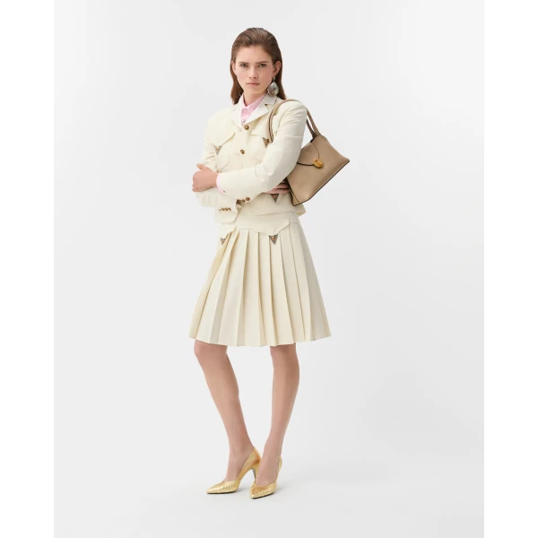 Versace Pleated Wool Midi Skirt in White, view 2 | Pleated Skirts
