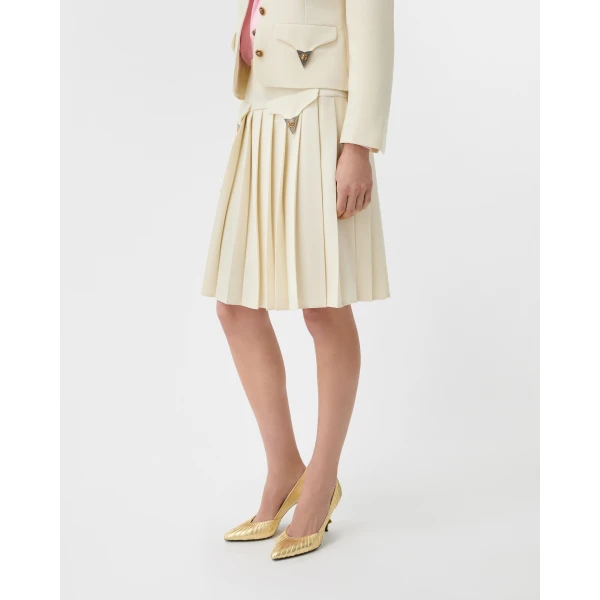 Versace Pleated Wool Midi Skirt in White, view 4 | Pleated Skirts