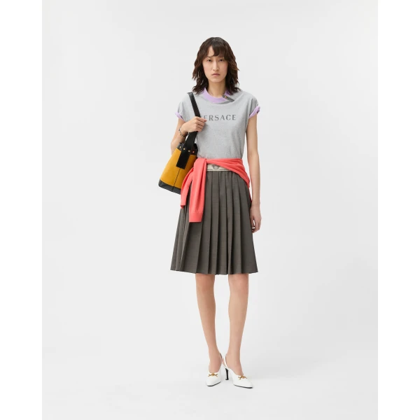 Versace Pleated Wool-Mohair Midi Skirt in Grey, view 2 | Pleated Skirts