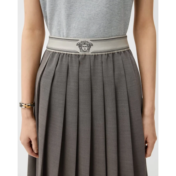 Versace Pleated Wool-Mohair Midi Skirt in Grey, view 5 | Pleated Skirts