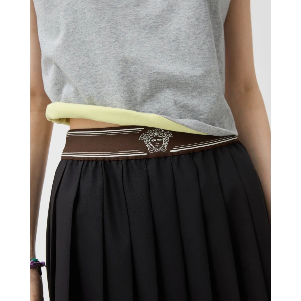 Versace Pleated Wool-Mohair Mini Skirt in Black, view 5 | Pleated Skirts