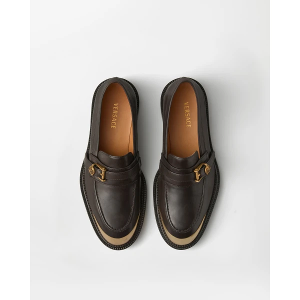 Versace Primo Leather Loafers in Brown and Gold, view 2 | Loafers
