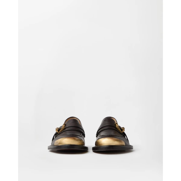 Versace Primo Leather Loafers in Brown and Gold, view 3 | Loafers