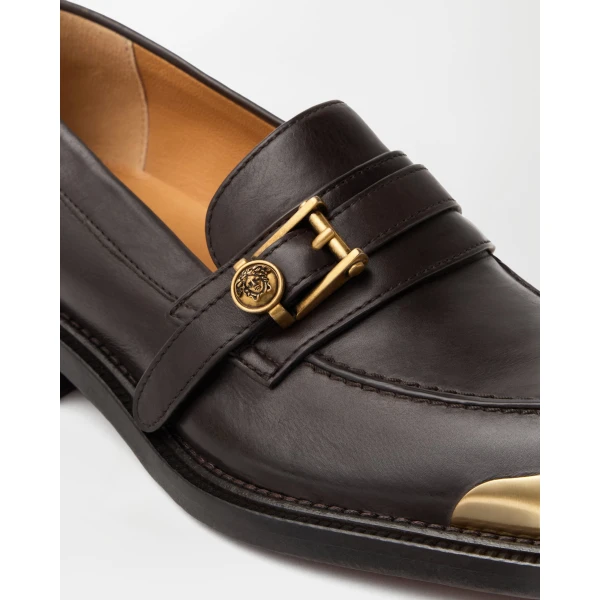 Versace Primo Leather Loafers in Brown and Gold, view 4 | Loafers