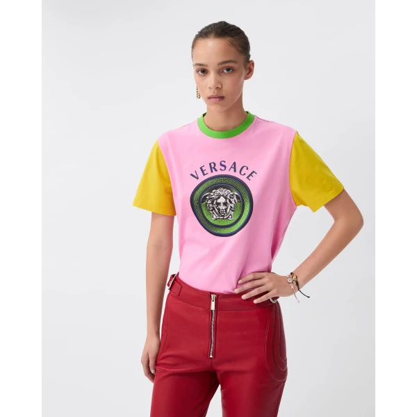 Versace Printed Cotton-Jersey T-Shirt in Pink, view 2 | T-shirts