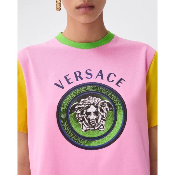 Versace Printed Cotton-Jersey T-Shirt in Pink, view 5 | T-shirts