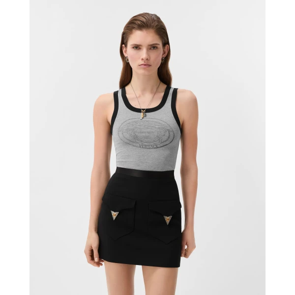 Versace Printed Cotton-Jersey Tank Top in Grey, view 2 | Sleeveless